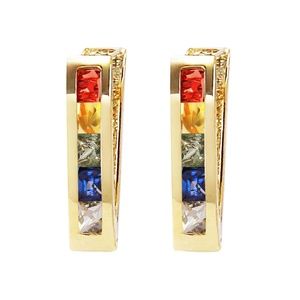 14K. GOLD HUGGIE EARRING WITH MULTI COLORS SAPPHIRES (Yellow Gold)